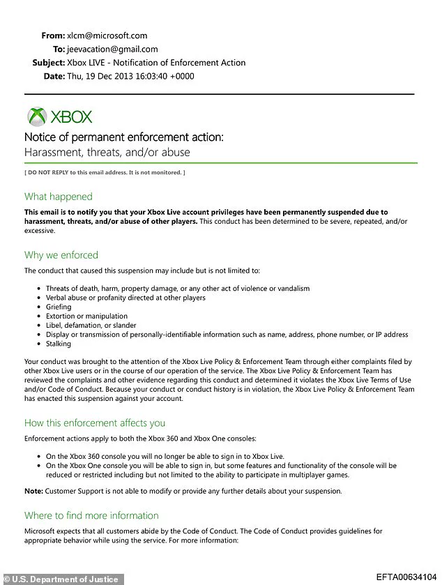 Department of Justice Releases Emails Showing Jeffrey Epstein Banned From Xbox Live in 2013 for Threatening Gamers