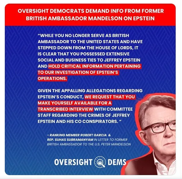 Classified Files Reveal Peter Mandelson's Communications with Jeffrey Epstein, Prompting Demand for Congressional Testimony