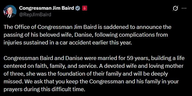 Congressman Jim Baird's Wife Dies After Car Accident; Devoted Mother and Pillar of Family