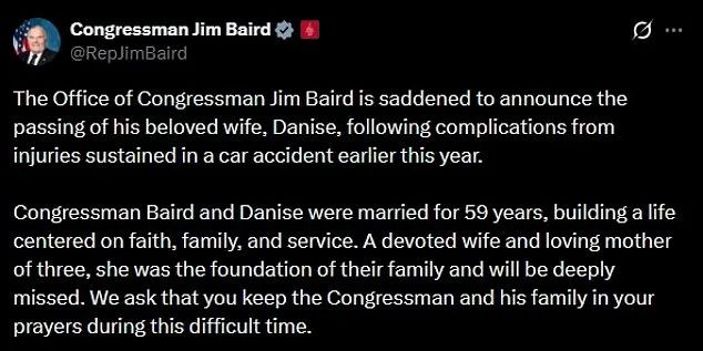 Congressman Jim Baird's Wife Dies After Car Accident; Devoted Mother and Pillar of Family