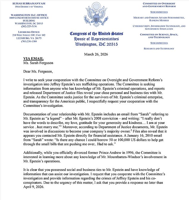 U.S. Congressman Asks Sarah Ferguson to Testify Over Epstein Ties in Federal Probe