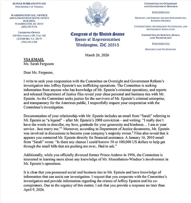 U.S. Congressman Asks Sarah Ferguson to Testify Over Epstein Ties in Federal Probe