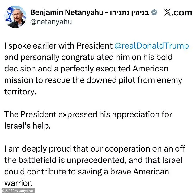 Israeli PM Netanyahu Praises Trump After Successful U.S. Rescue Mission in Iran