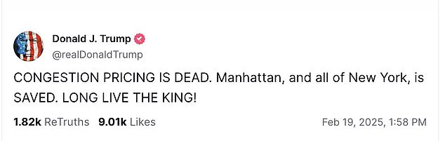 Trump refers to himself as a 'King' after halting NYC congestion pricing