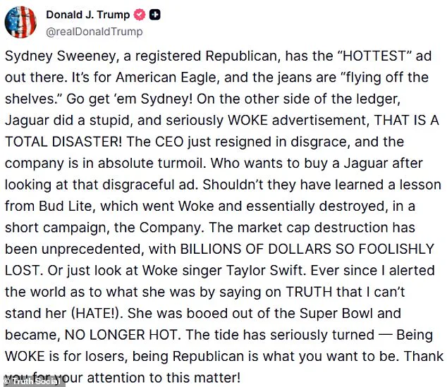 Trump Defends Sydney Sweeney Amid American Eagle Ad Controversy as Liberal Critics Weigh In